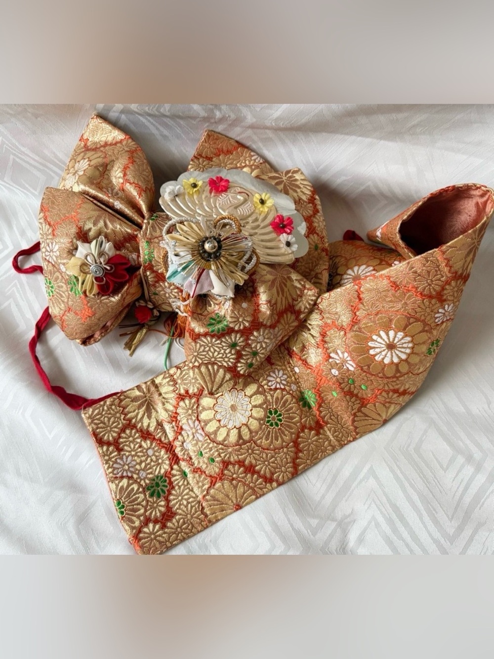 VTG Obi Belt Kimono Japanese Flowers Bow Traditional Floral